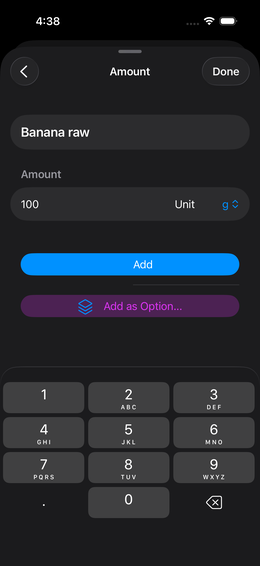 Quantity input with "Add as Option" button