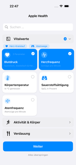 Vital-/Symptom-Auswahl (Apple Health)