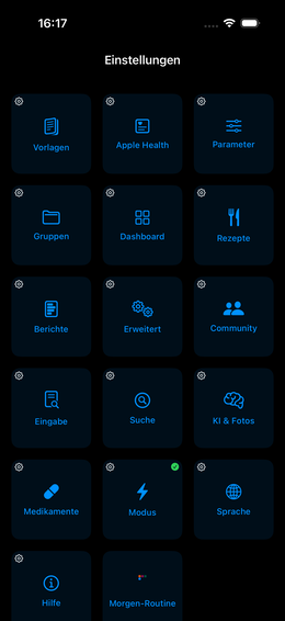 Settings-Ansicht nach Cycle-Tap (bei nur einem User-Dashboard)