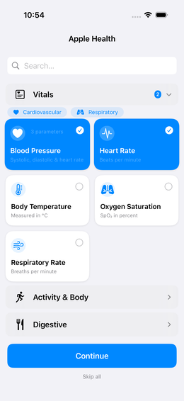 Vital/symptom selection (Apple Health)
