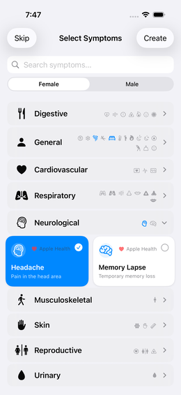 Symptom selection
