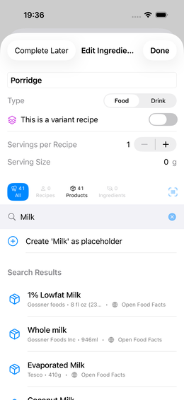 Ingredient search OFF products (milk)