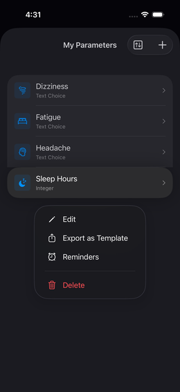 Menu contextuel avec éditer, exporter et supprimer après long press