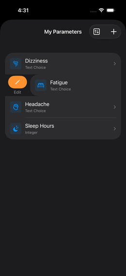 Right swipe shows blue edit button on a list entry