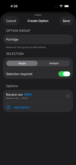 Dialog: create option group