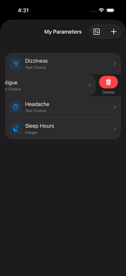 Swipe left shows red delete button, swipe right shows blue edit button