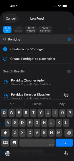 Search view with results and create actions