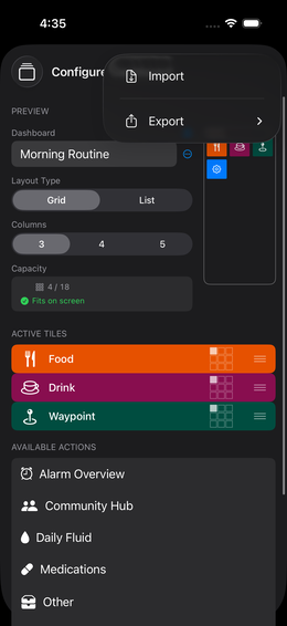 Menu Importar/Exportar
