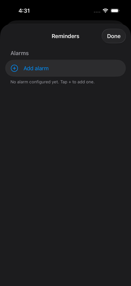 Alarm settings – no alarm set up yet